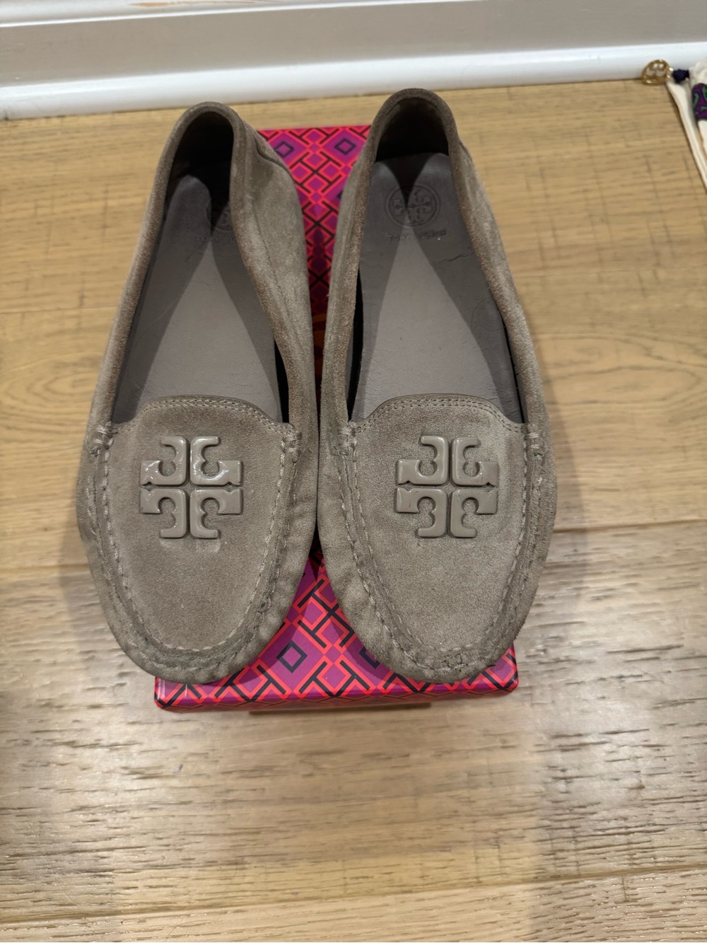 Tory Burch Taupe Suede Logo Driving Loafers